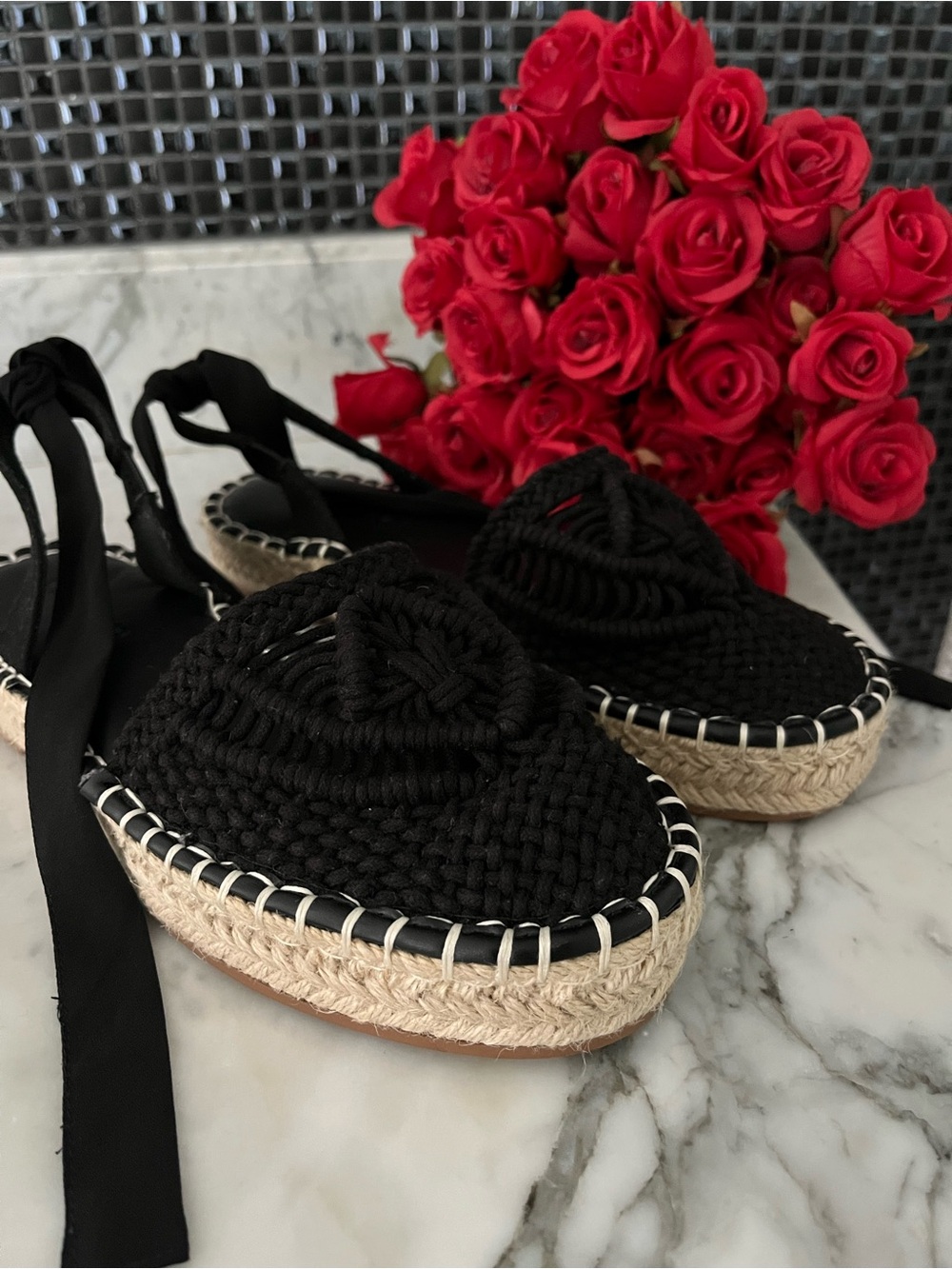 NEW Black Woven macrame Espadrille Sandals with lace up ankle ties - Picture 5 of 15